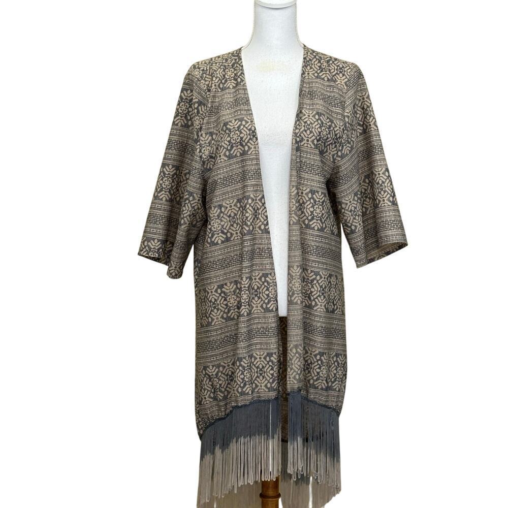 Spoon Jeans fringed kimono, tan/green, large, bohemian, tribal, artsy, earthy